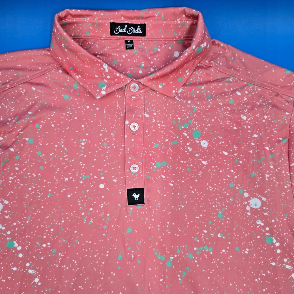 Bad Birdie Mens XL Golf Polo Shirt Pink Paint Splatter Performance Stretch